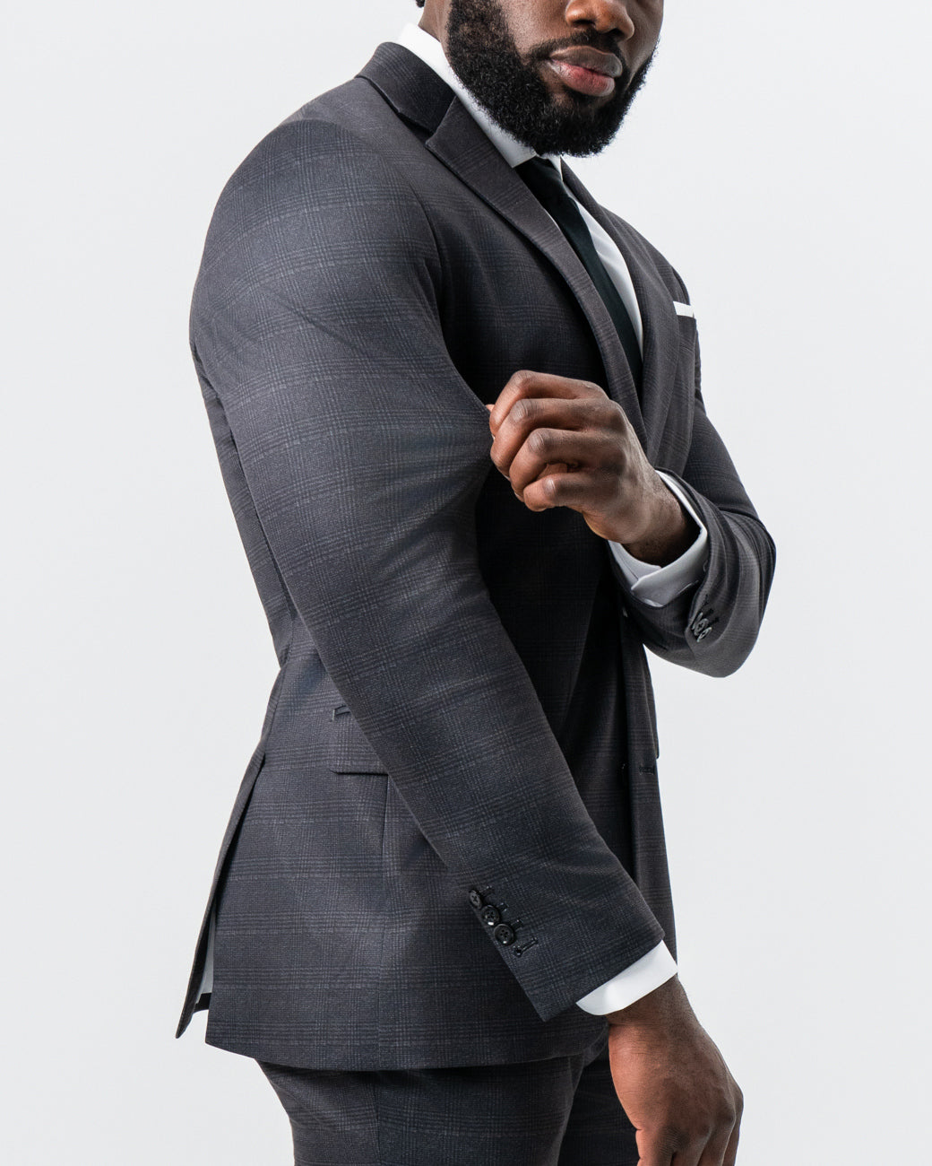 Athletic Fit Stretch Suit - Black and Charcoal Plaid | State & Liberty Suits
