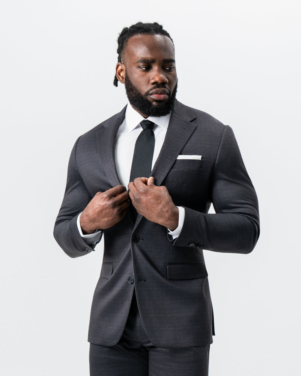 Athletic Fit Stretch Suit - Black and Charcoal Plaid | State & Liberty Suits