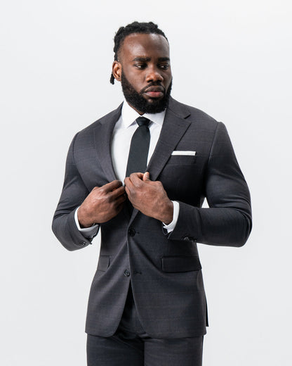 Athletic Fit Stretch Suit - Black and Charcoal Plaid | State & Liberty Suits