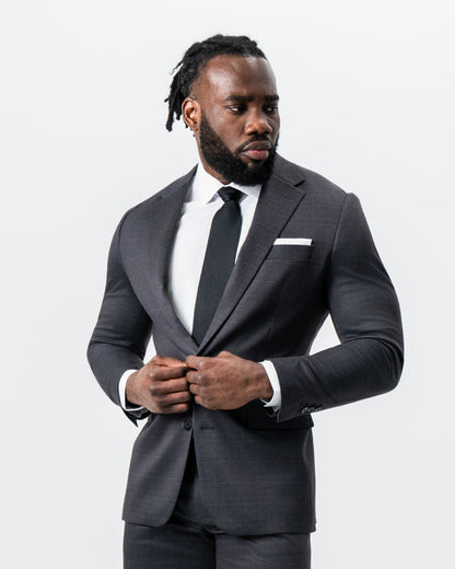 Athletic Fit Stretch Suit - Black and Charcoal Plaid | State & Liberty Suits