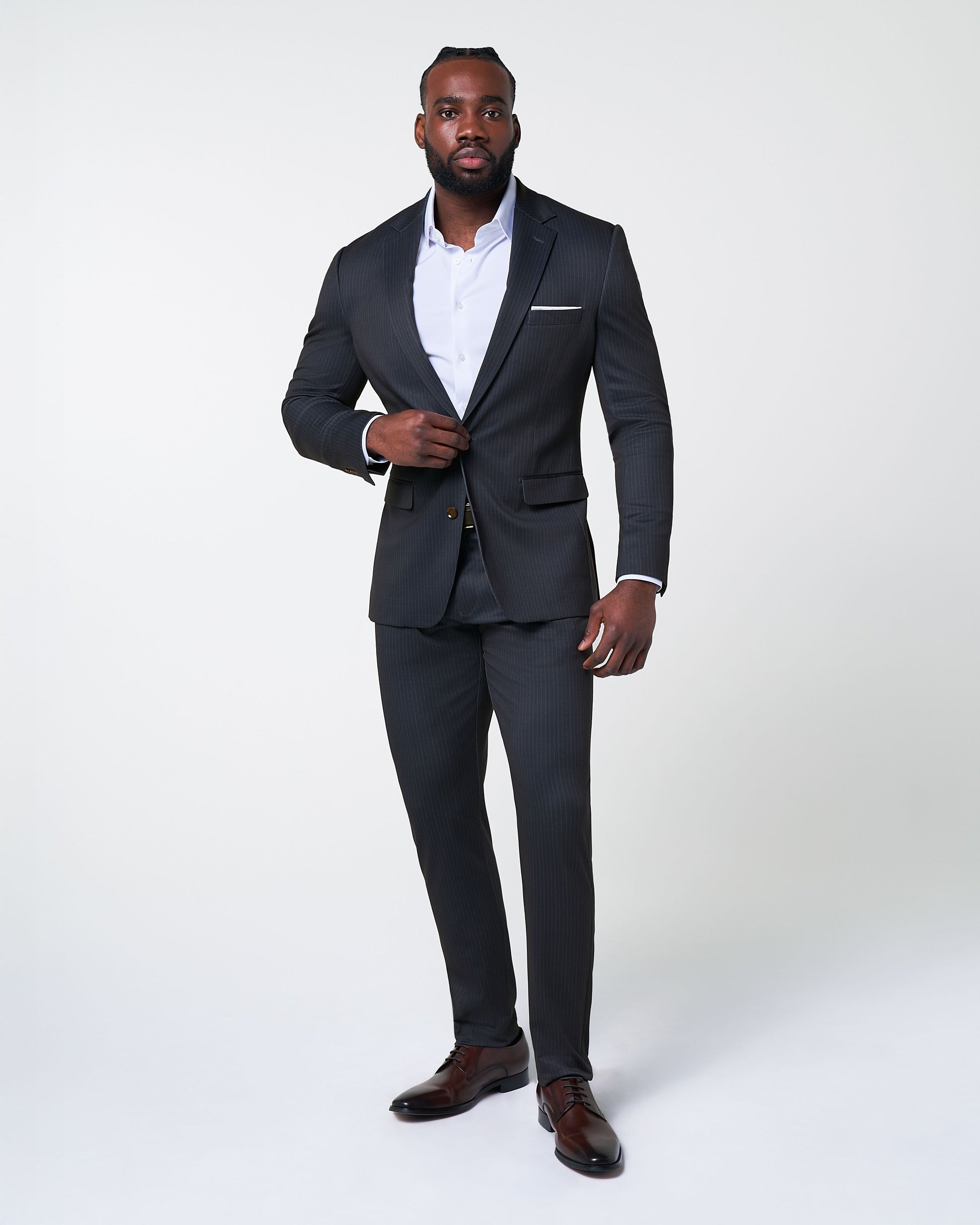 Athletic Fit Stretch Suit - Knit Black & Light Blue Pinstripe | State & Liberty Suits