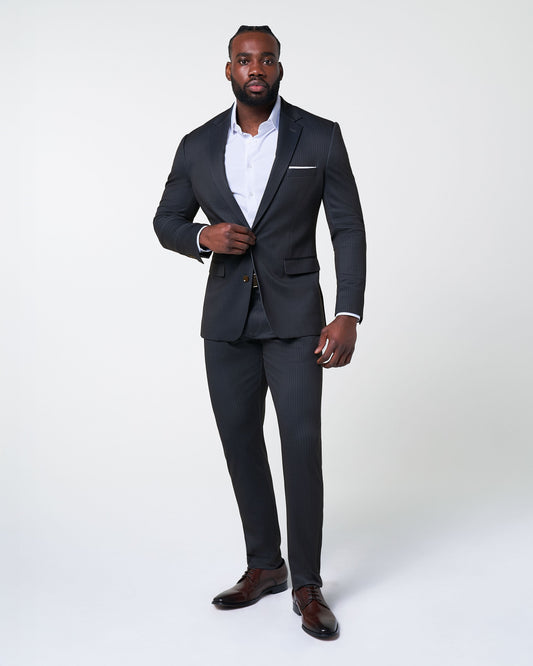 Athletic Fit Stretch Suit - Knit Black & Light Blue Pinstripe | State & Liberty Suits