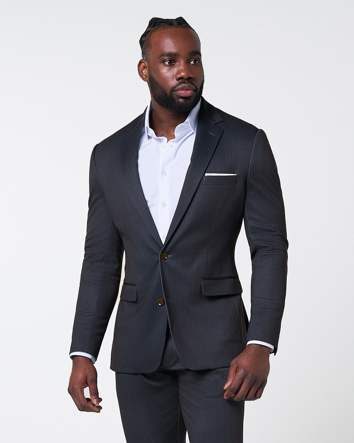 Athletic Fit Stretch Suit - Knit Black & Light Blue Pinstripe | State & Liberty Suits