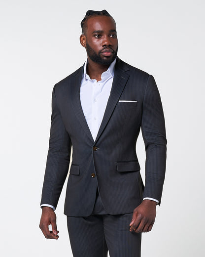 Athletic Fit Stretch Suit - Knit Black & Light Blue Pinstripe | State & Liberty Suits