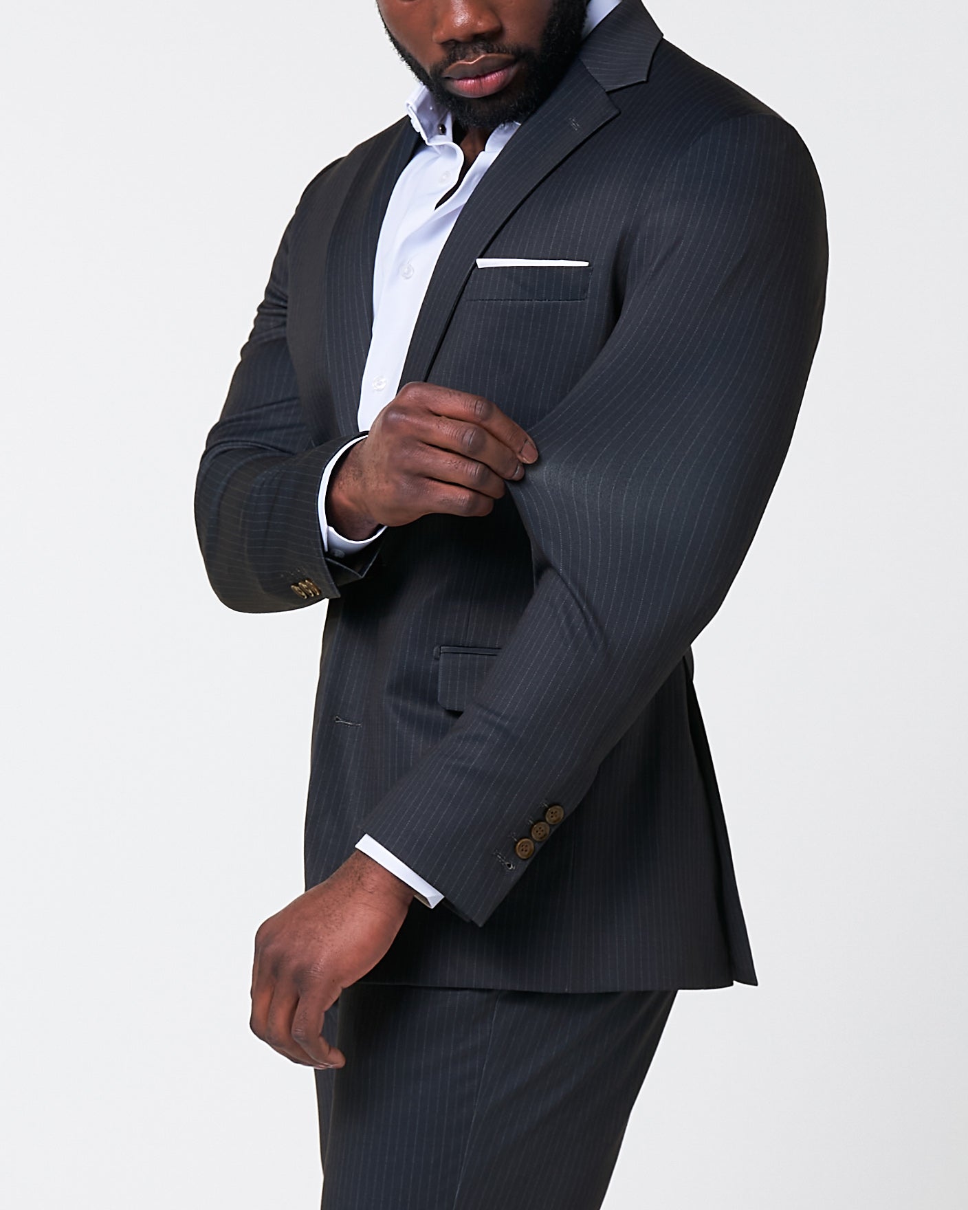 Athletic Fit Stretch Suit - Knit Black & Light Blue Pinstripe | State & Liberty Suits
