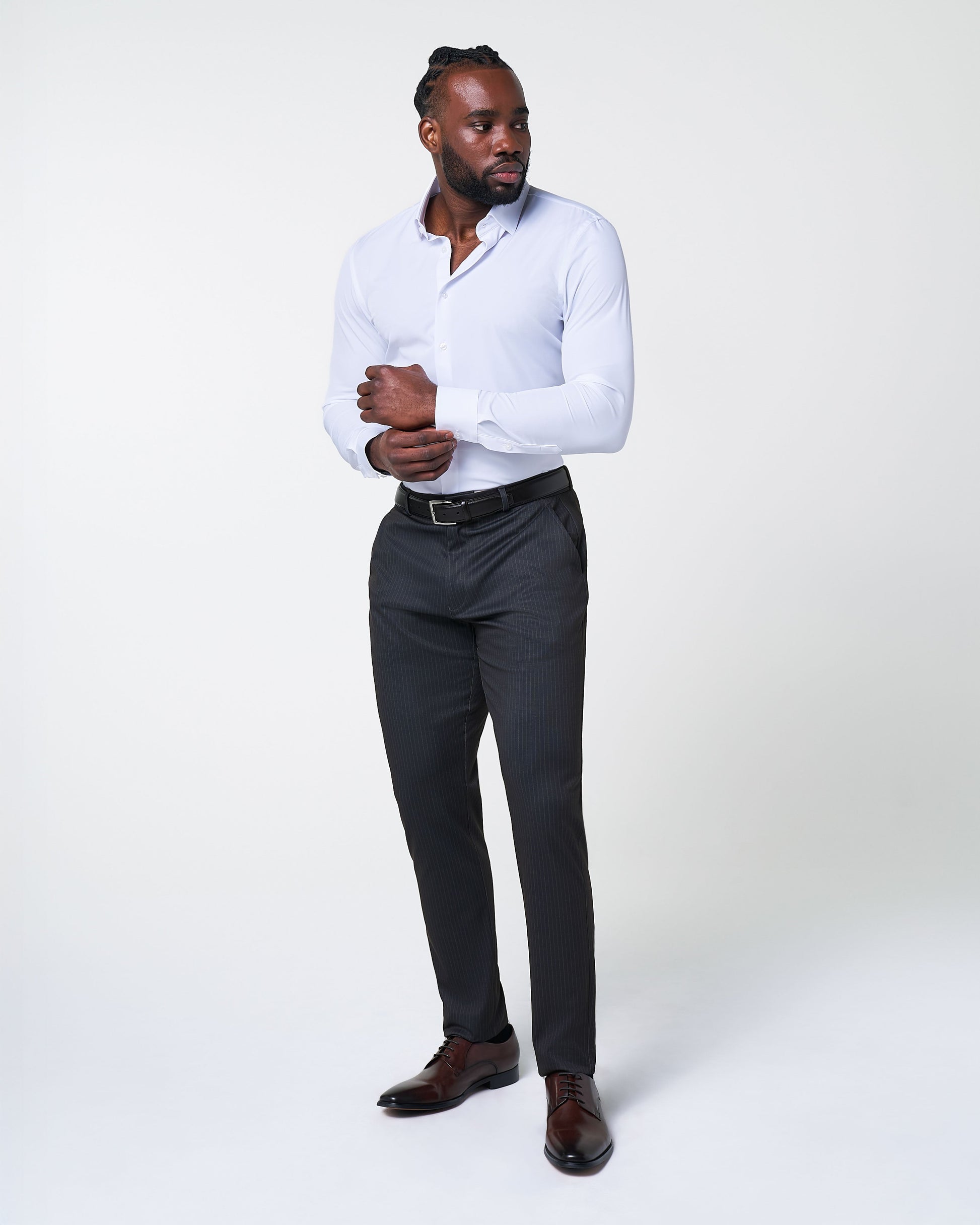 Athletic Fit Stretch Suit - Knit Black & Light Blue Pinstripe | State & Liberty Suits