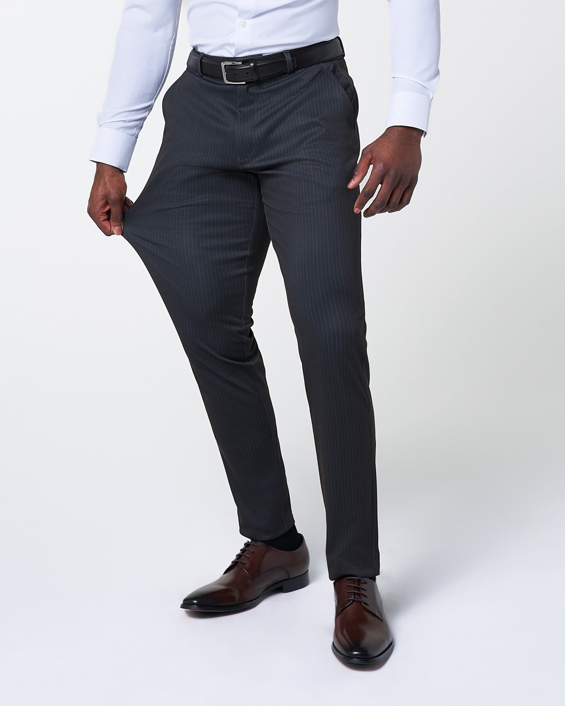 Athletic Fit Stretch Suit - Knit Black & Light Blue Pinstripe | State & Liberty Suits