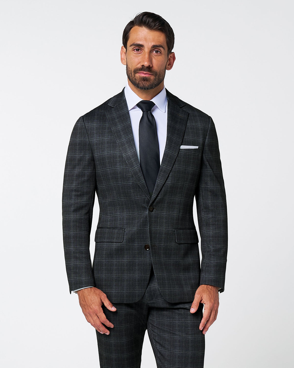Athletic Fit Stretch Suit - Stone Grey Plaid | State & Liberty Suits