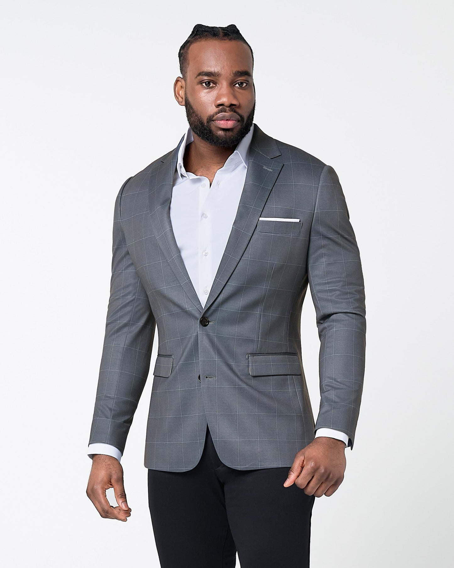 Athletic Fit Stretch Blazer - Grey and White Big Windowpane | State & Liberty Suits|Blazers