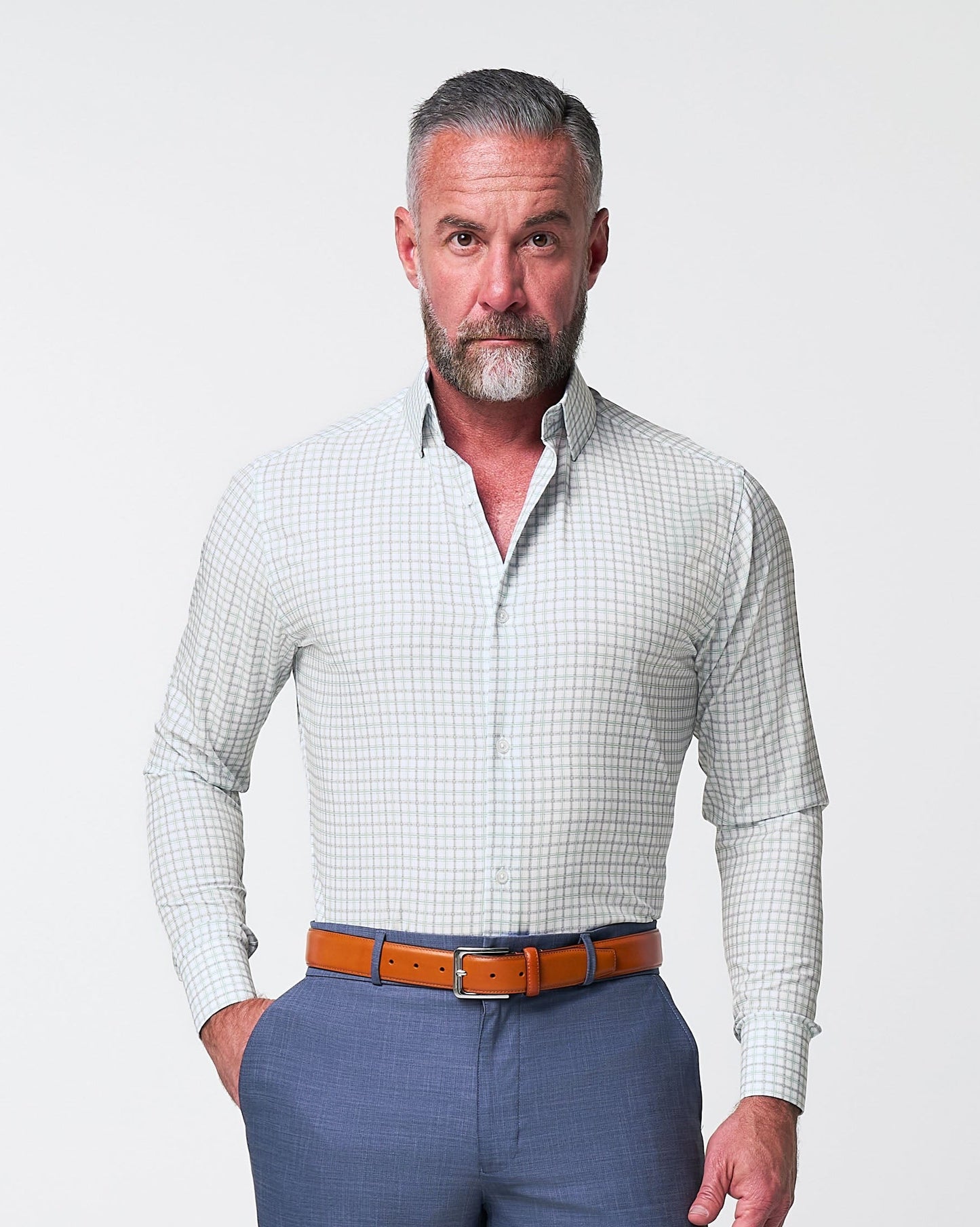 "The Amber" Grey & Light Green Mid Check | State & Liberty Dress Shirts