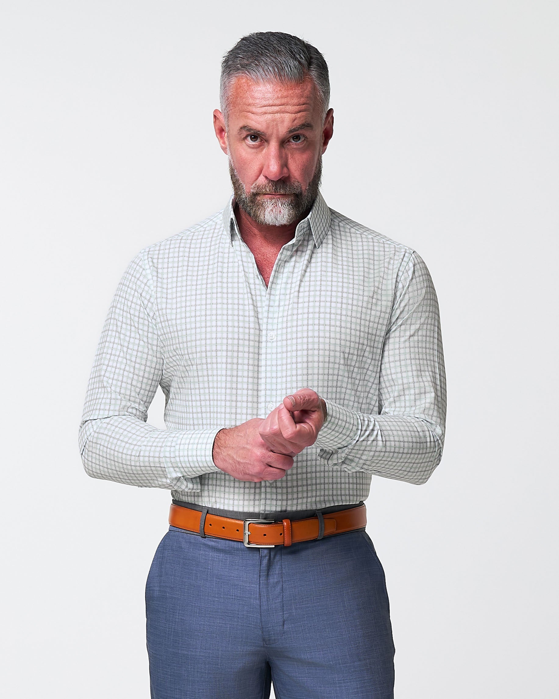 "The Amber" Grey & Light Green Mid Check | State & Liberty Dress Shirts