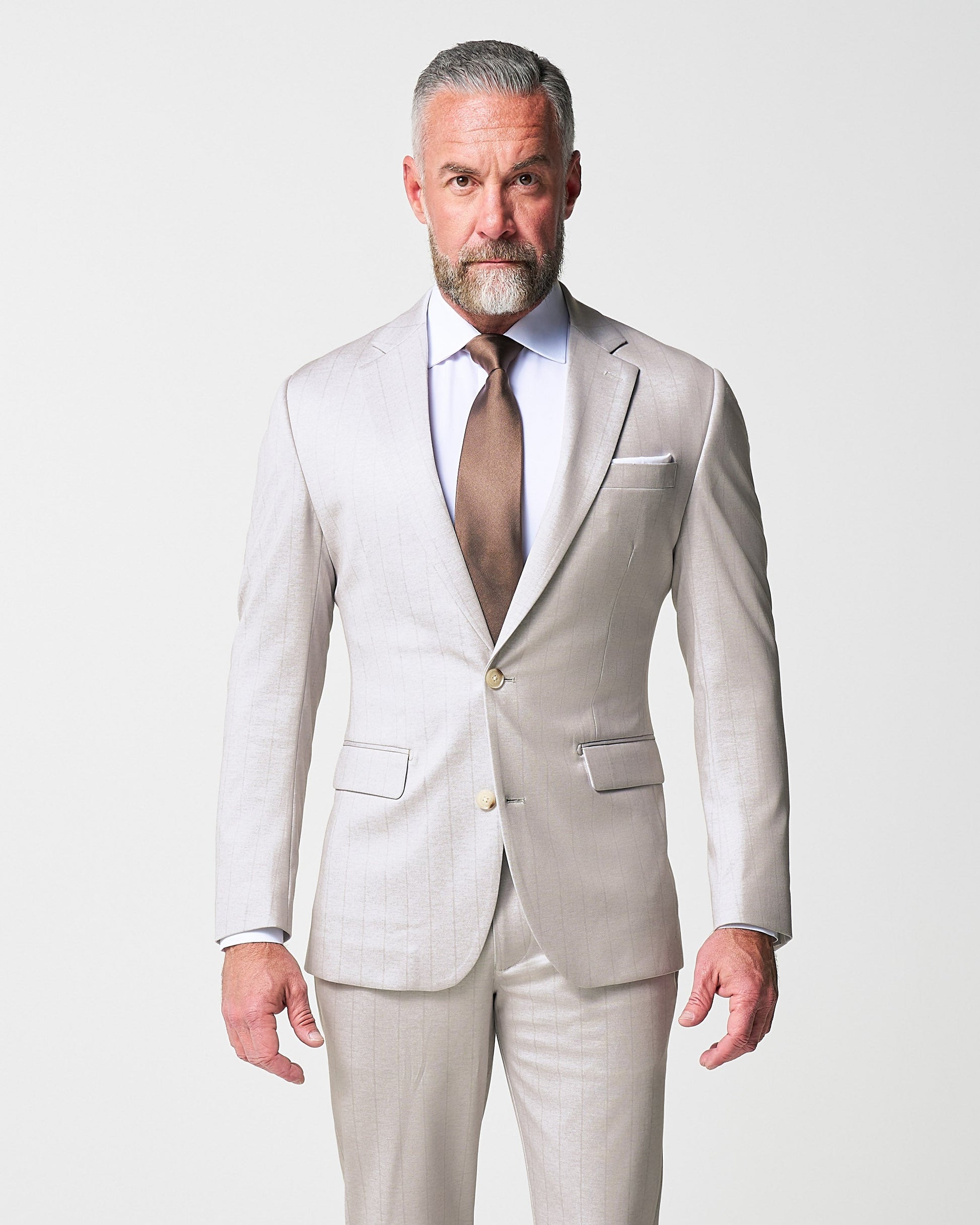 Athletic Fit Stretch Suit - Bone with Tan Stripes | State & Liberty Suits