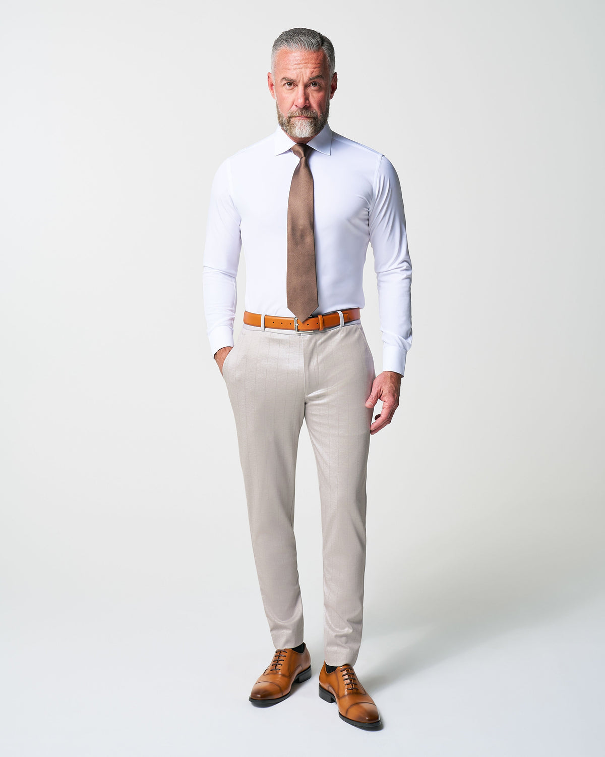 Athletic Fit Stretch Suit - Bone with Tan Stripes | State & Liberty Suits