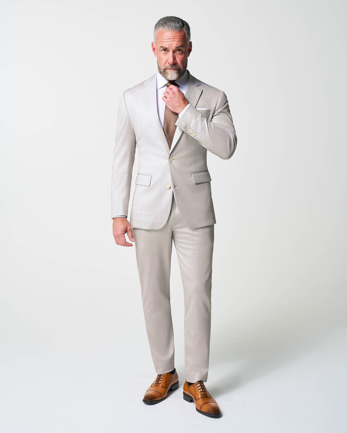 Athletic Fit Stretch Suit - Bone with Tan Stripes | State & Liberty Suits