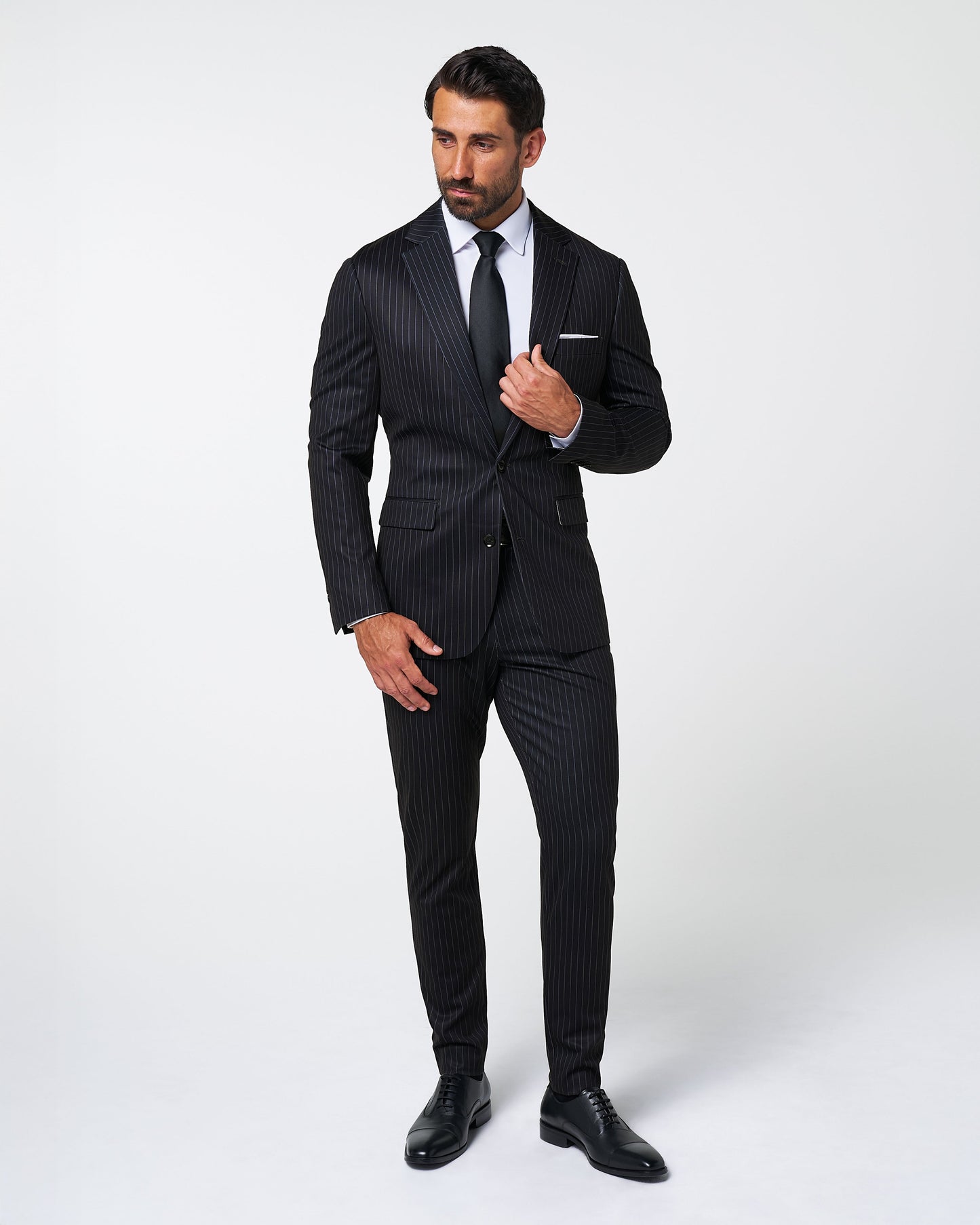 Athletic Fit Stretch Suit - Knit Black Chalk Stripe | State & Liberty Suits