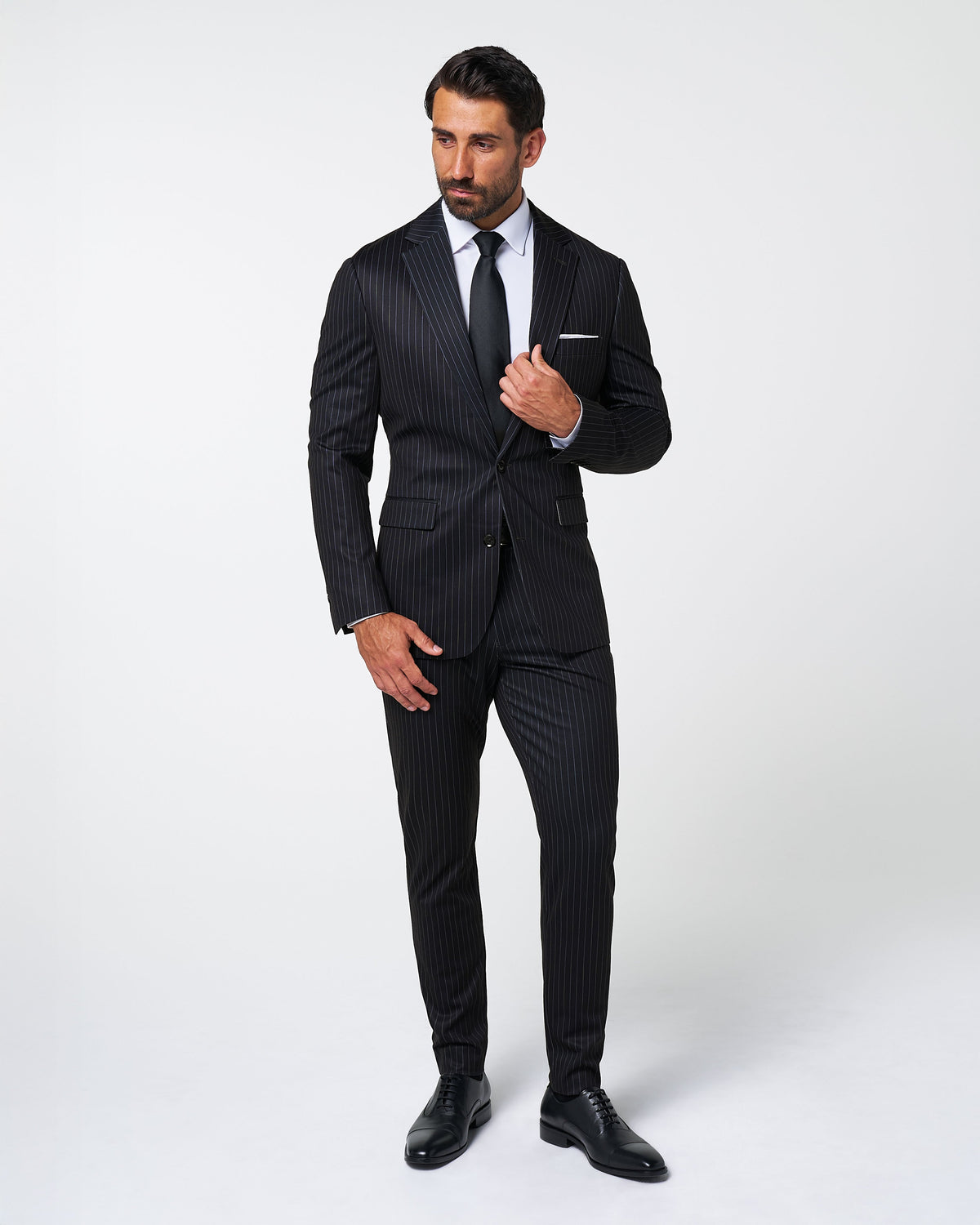 Athletic Fit Stretch Suit - Knit Black Chalk Stripe | State & Liberty Suits