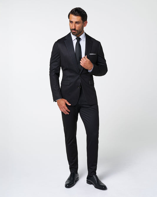 Athletic Fit Stretch Suit - Knit Black Chalk Stripe | State & Liberty Suits