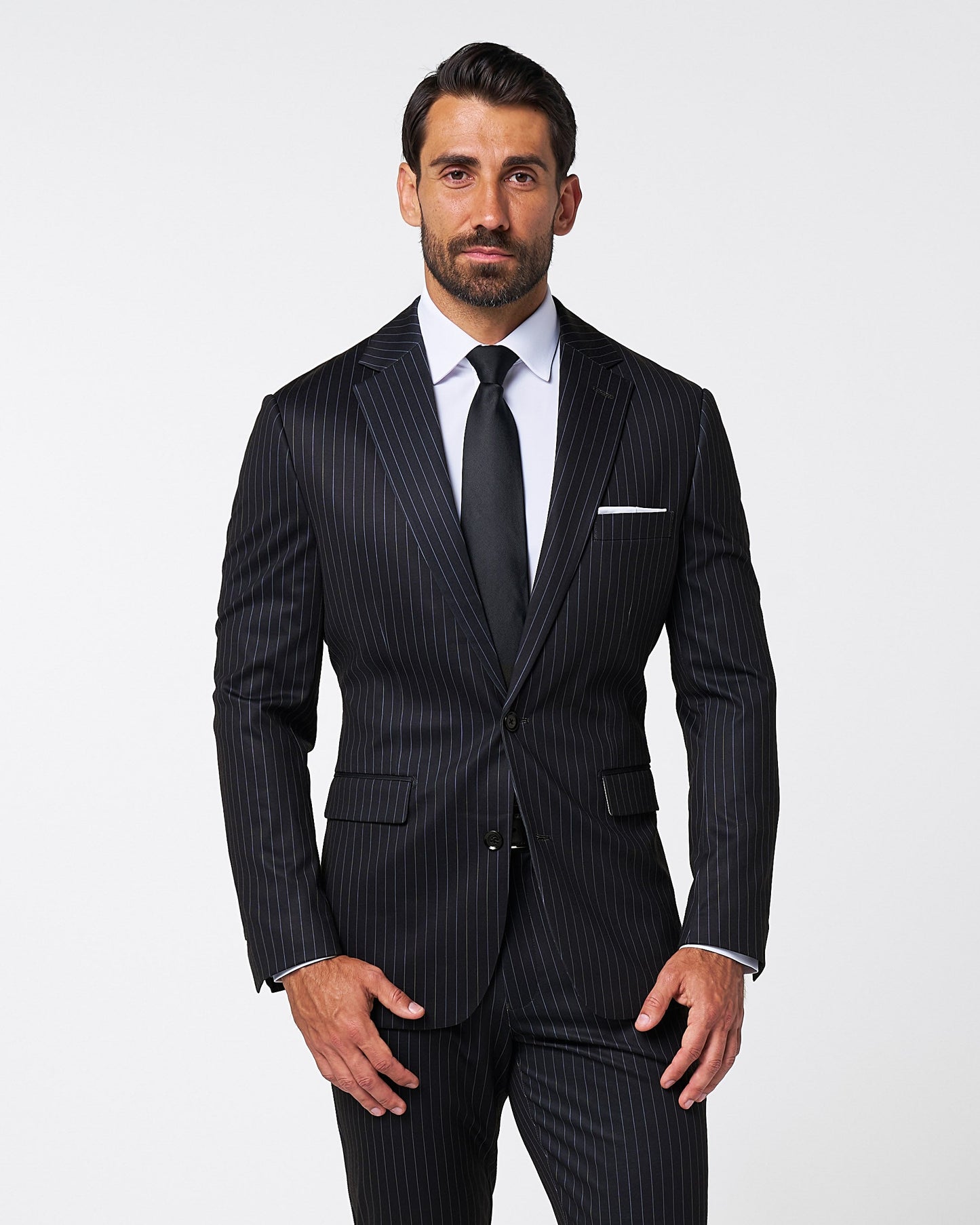 Athletic Fit Stretch Suit - Knit Black Chalk Stripe | State & Liberty Suits