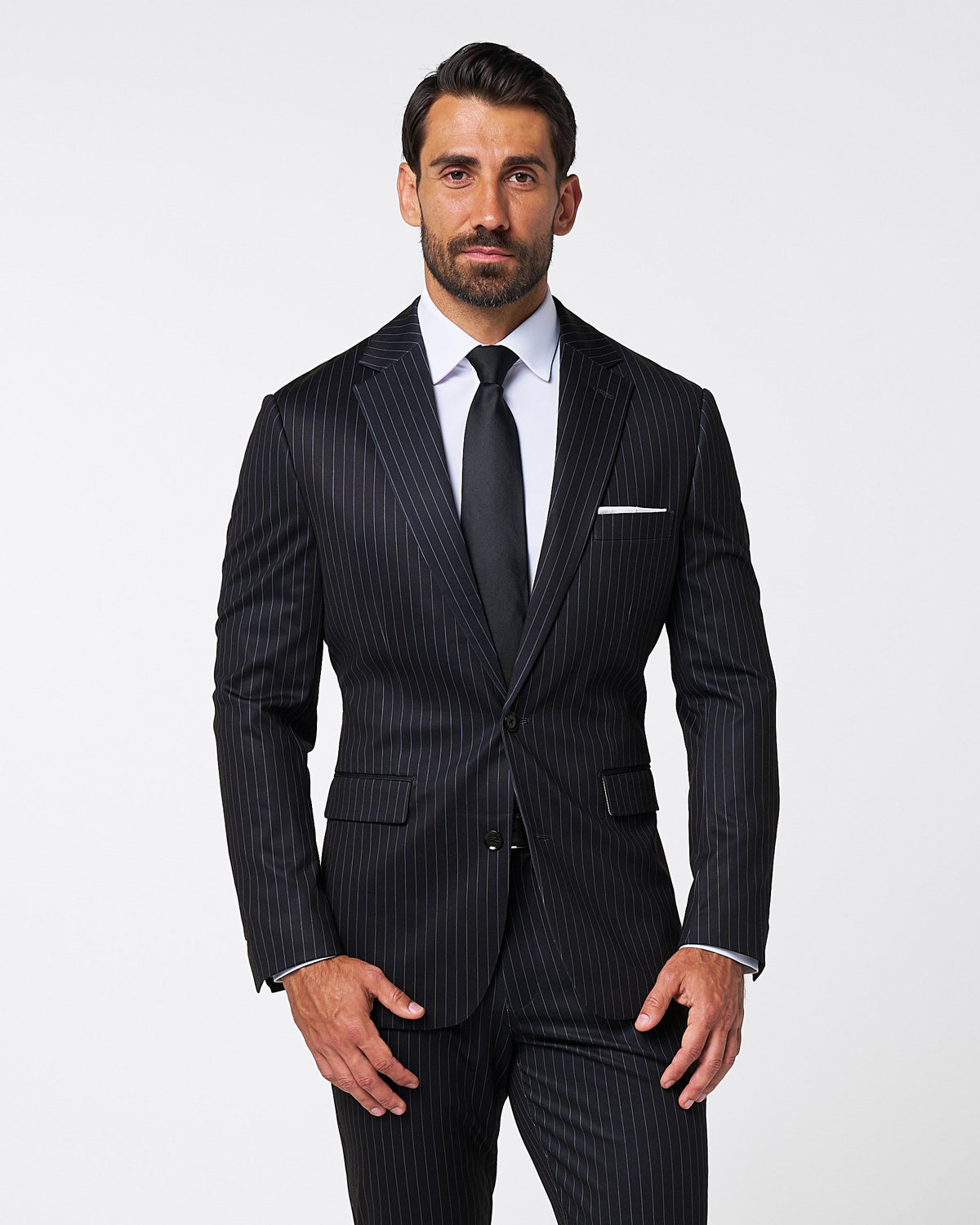 Athletic Fit Stretch Suit - Knit Black Chalk Stripe | State & Liberty Suits