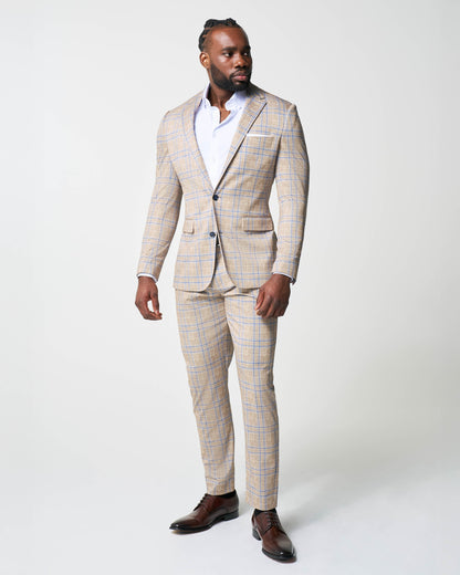 Athletic Fit Stretch Suit - Tan and Blue Plaid | State & Liberty Suits