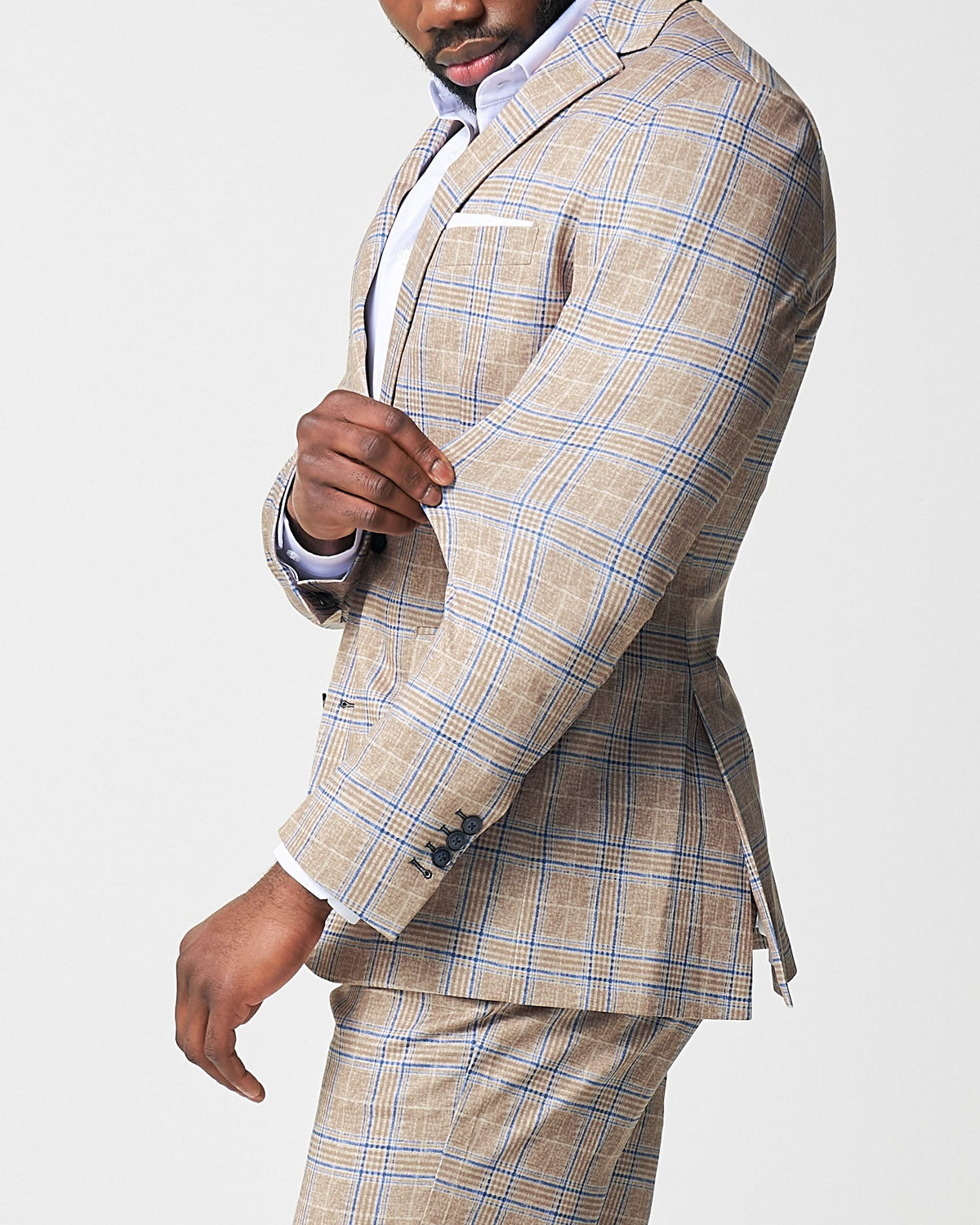 Athletic Fit Stretch Suit - Tan and Blue Plaid | State & Liberty Suits