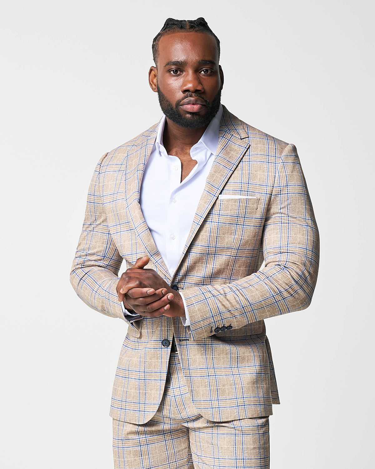 Athletic Fit Stretch Suit - Tan and Blue Plaid | State & Liberty Suits