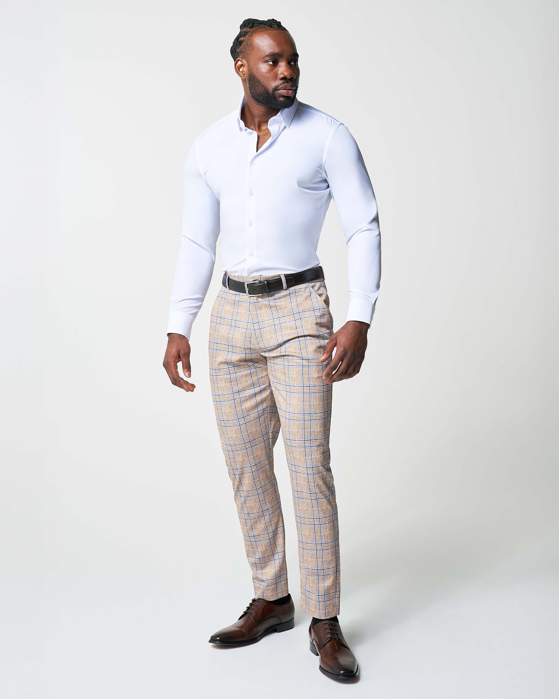 Athletic Fit Stretch Suit - Tan and Blue Plaid | State & Liberty Suits