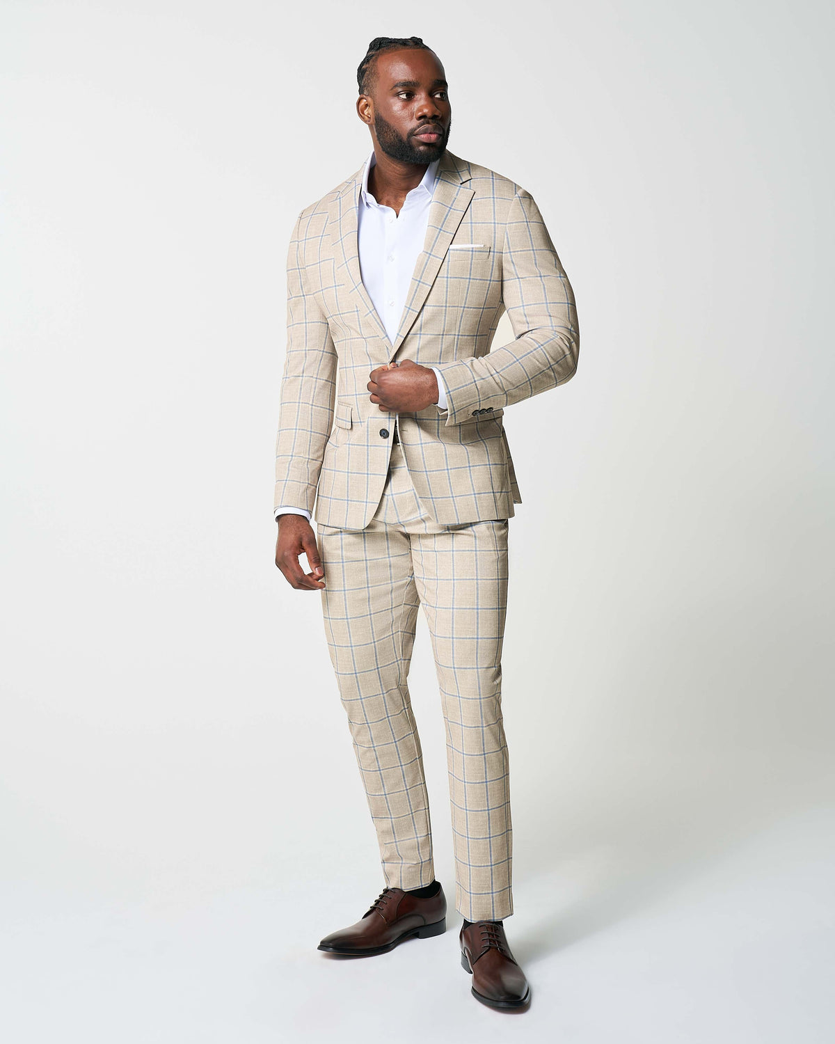 Athletic Fit Stretch Suit - Tan with Big Blue Windowpane | State & Liberty Suits