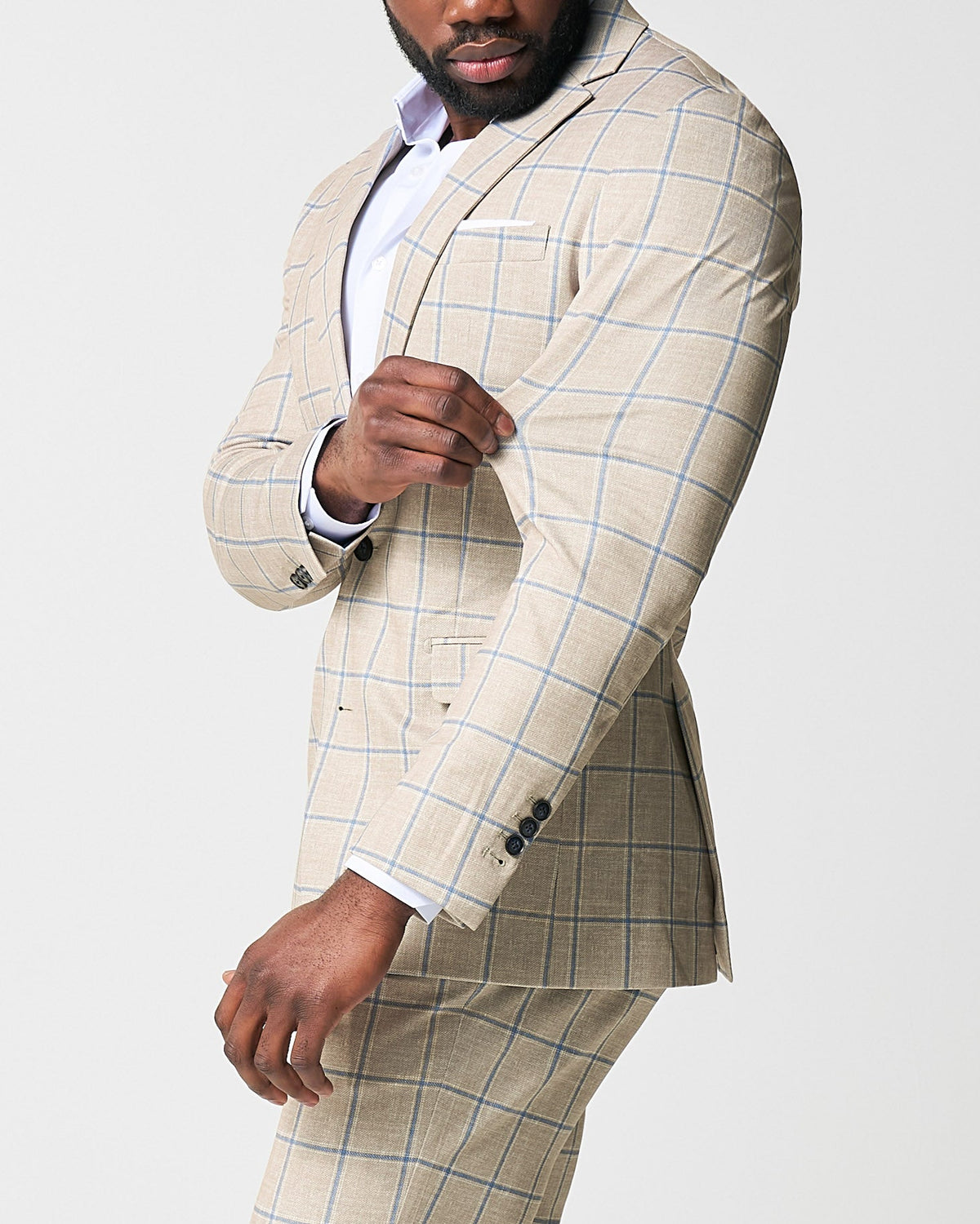 Athletic Fit Stretch Suit - Tan with Big Blue Windowpane | State & Liberty Suits