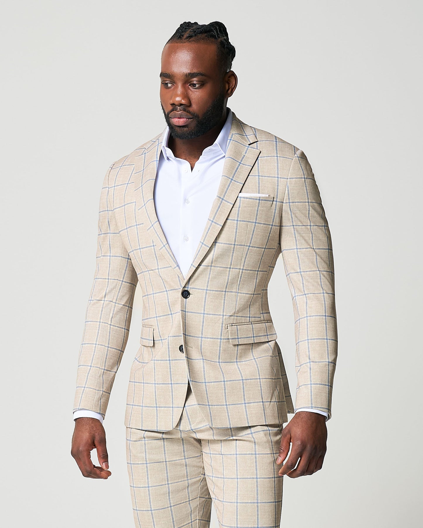 Athletic Fit Stretch Suit - Tan with Big Blue Windowpane | State & Liberty Suits