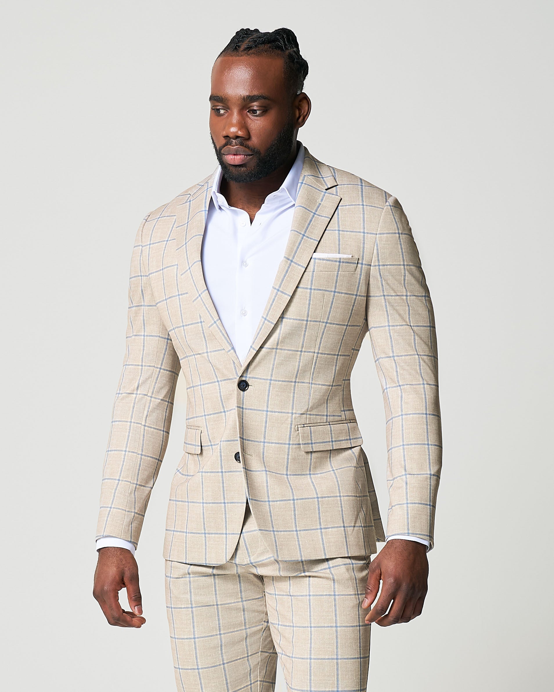 Athletic Fit Stretch Suit - Tan with Big Blue Windowpane | State & Liberty Suits