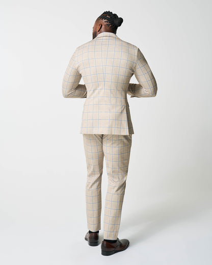 Athletic Fit Stretch Suit - Tan with Big Blue Windowpane | State & Liberty Suits