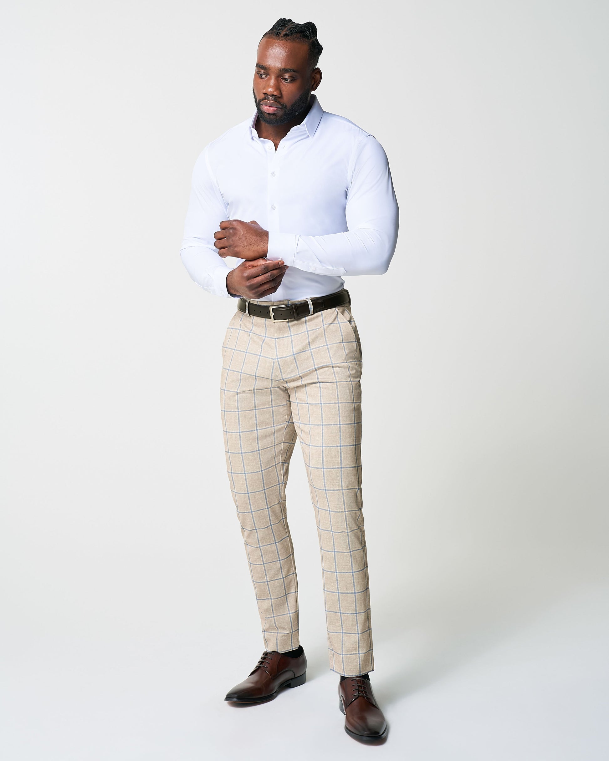Athletic Fit Stretch Suit - Tan with Big Blue Windowpane | State & Liberty Suits