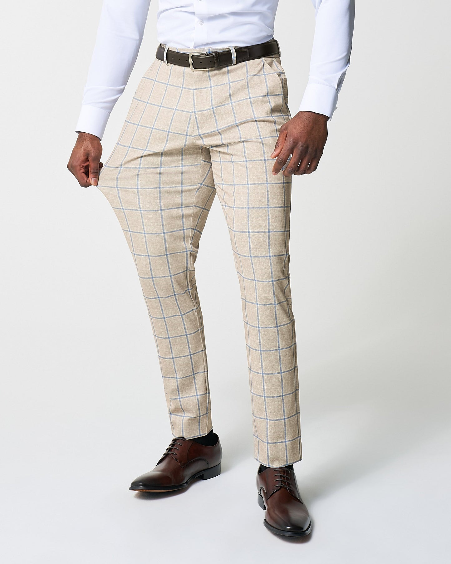 Athletic Fit Stretch Suit - Tan with Big Blue Windowpane | State & Liberty Suits