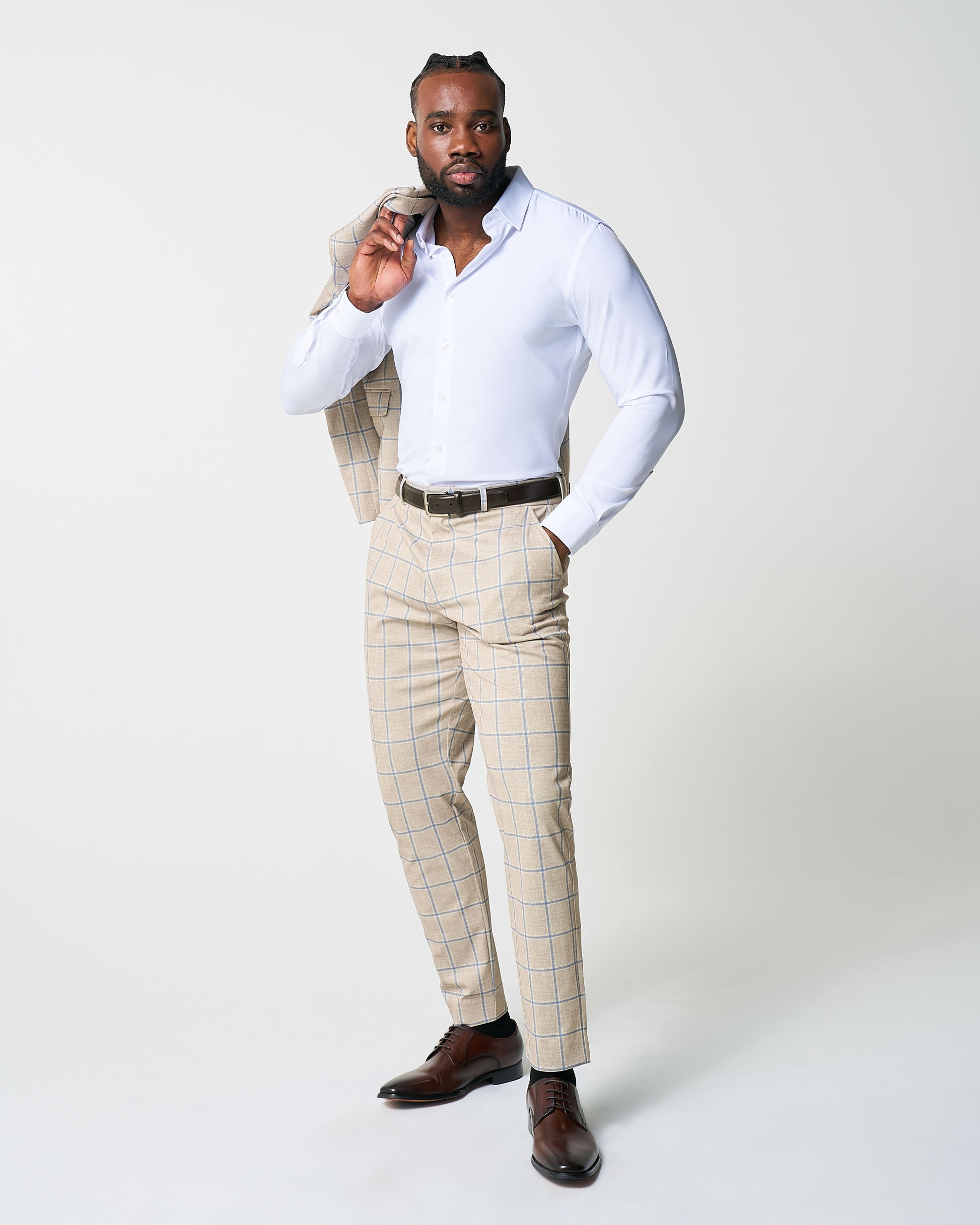 Athletic Fit Stretch Suit - Tan with Big Blue Windowpane | State & Liberty Suits