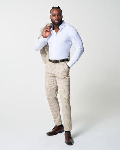 Athletic Fit Stretch Suit - Tan with Big Blue Windowpane | State & Liberty Suits