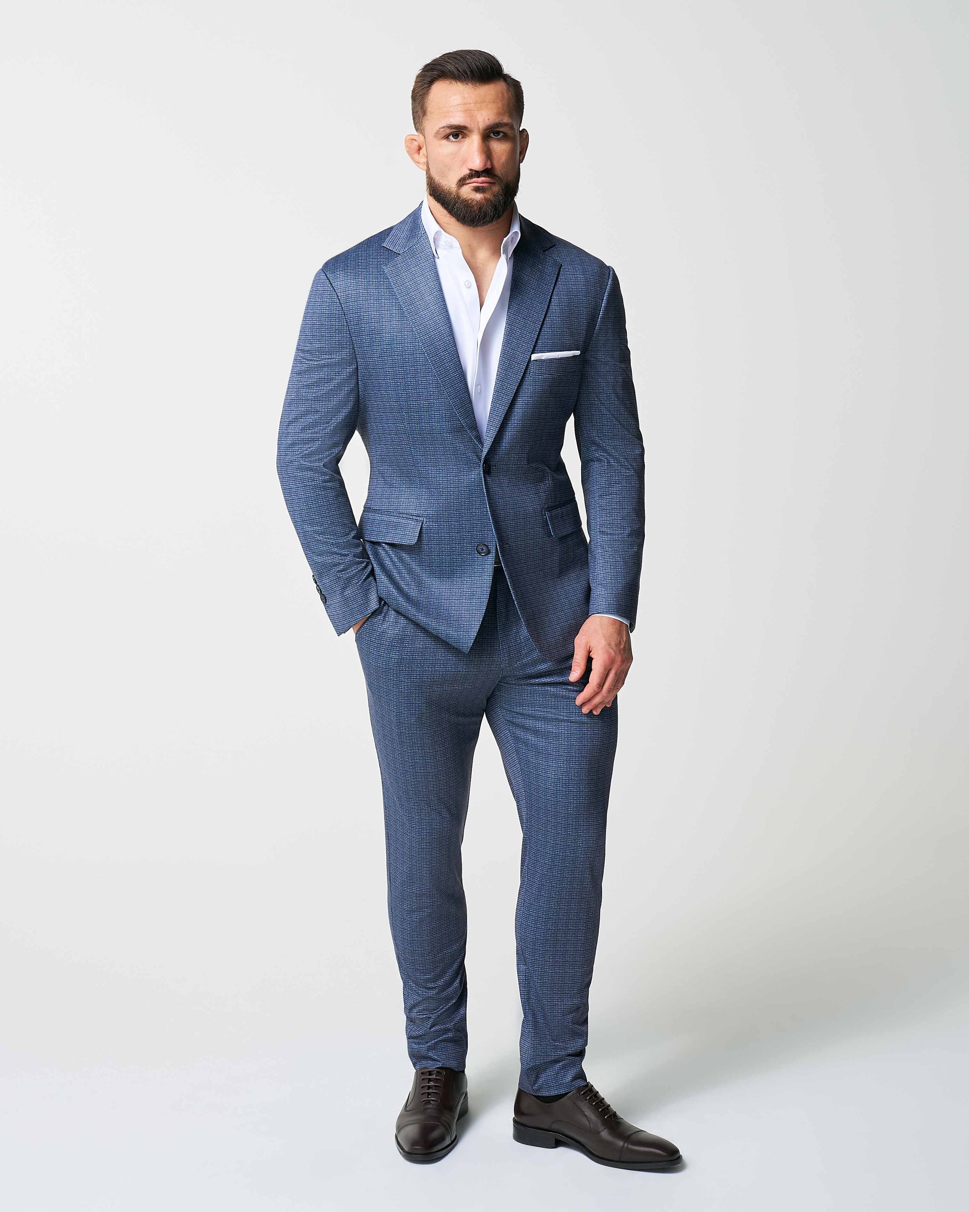 Athletic Fit Stretch Suit - Blue Mini Windowpane with Light Grey Micro | State & Liberty Suits