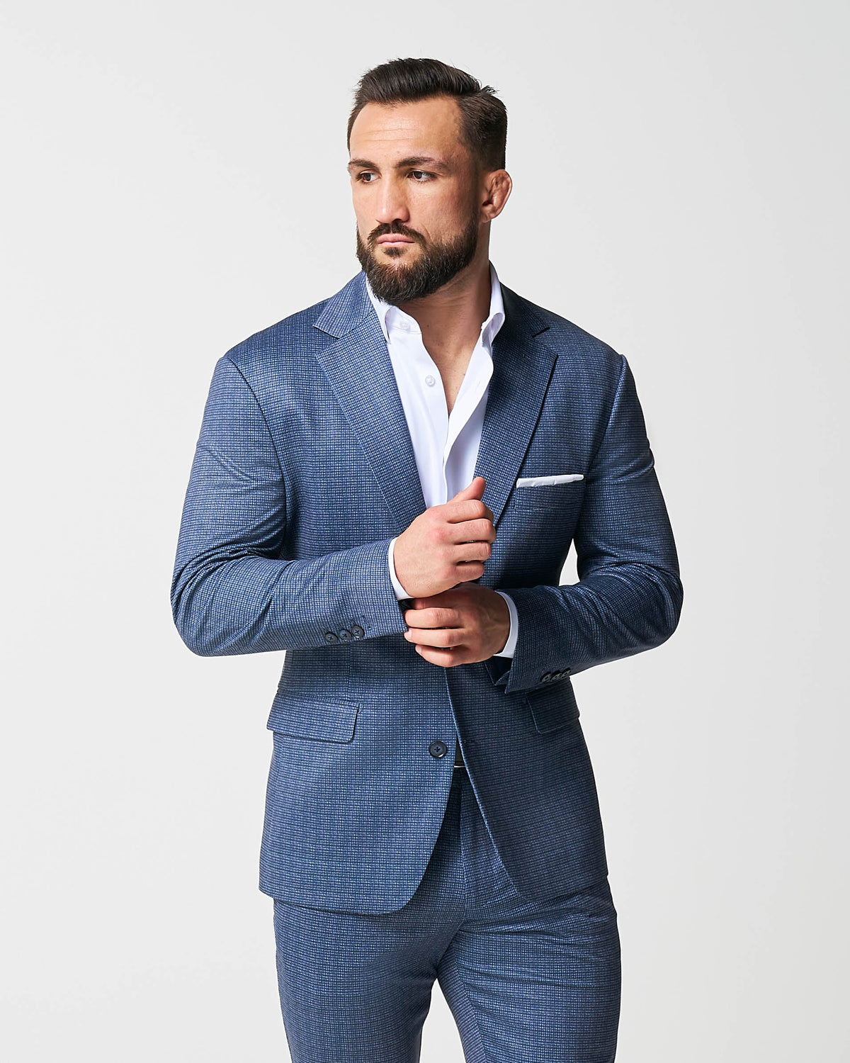 Athletic Fit Stretch Suit - Blue Mini Windowpane with Light Grey Micro | State & Liberty Suits
