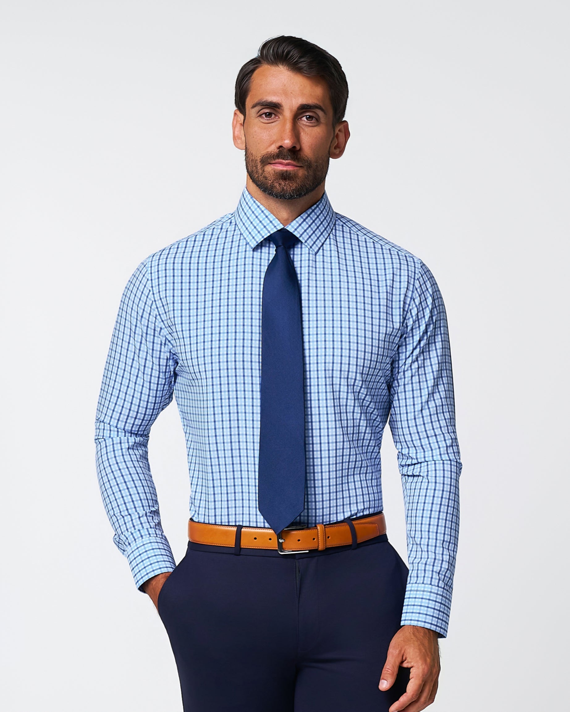 "The Emmett" Light Blue, White & Navy Mid Check | State & Liberty Dress Shirts