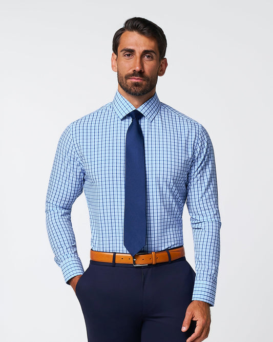 "The Emmett" Light Blue, White & Navy Mid Check | State & Liberty Dress Shirts