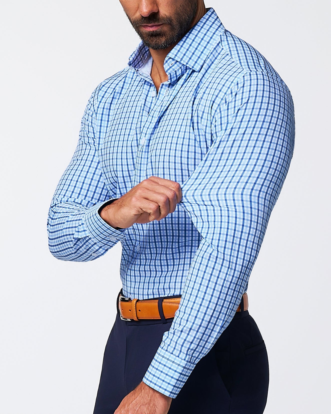 "The Emmett" Light Blue, White & Navy Mid Check | State & Liberty Dress Shirts