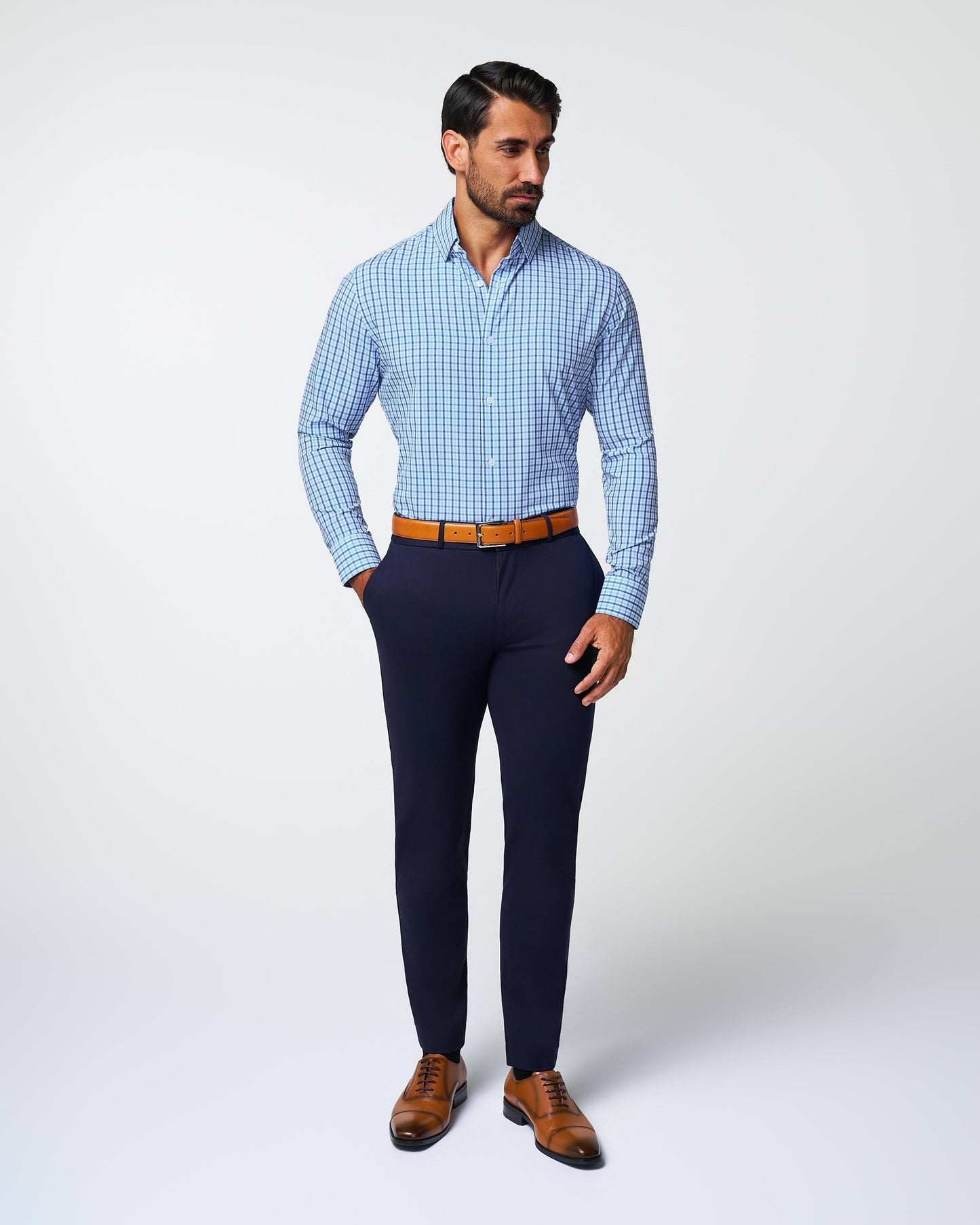 "The Emmett" Light Blue, White & Navy Mid Check | State & Liberty Dress Shirts