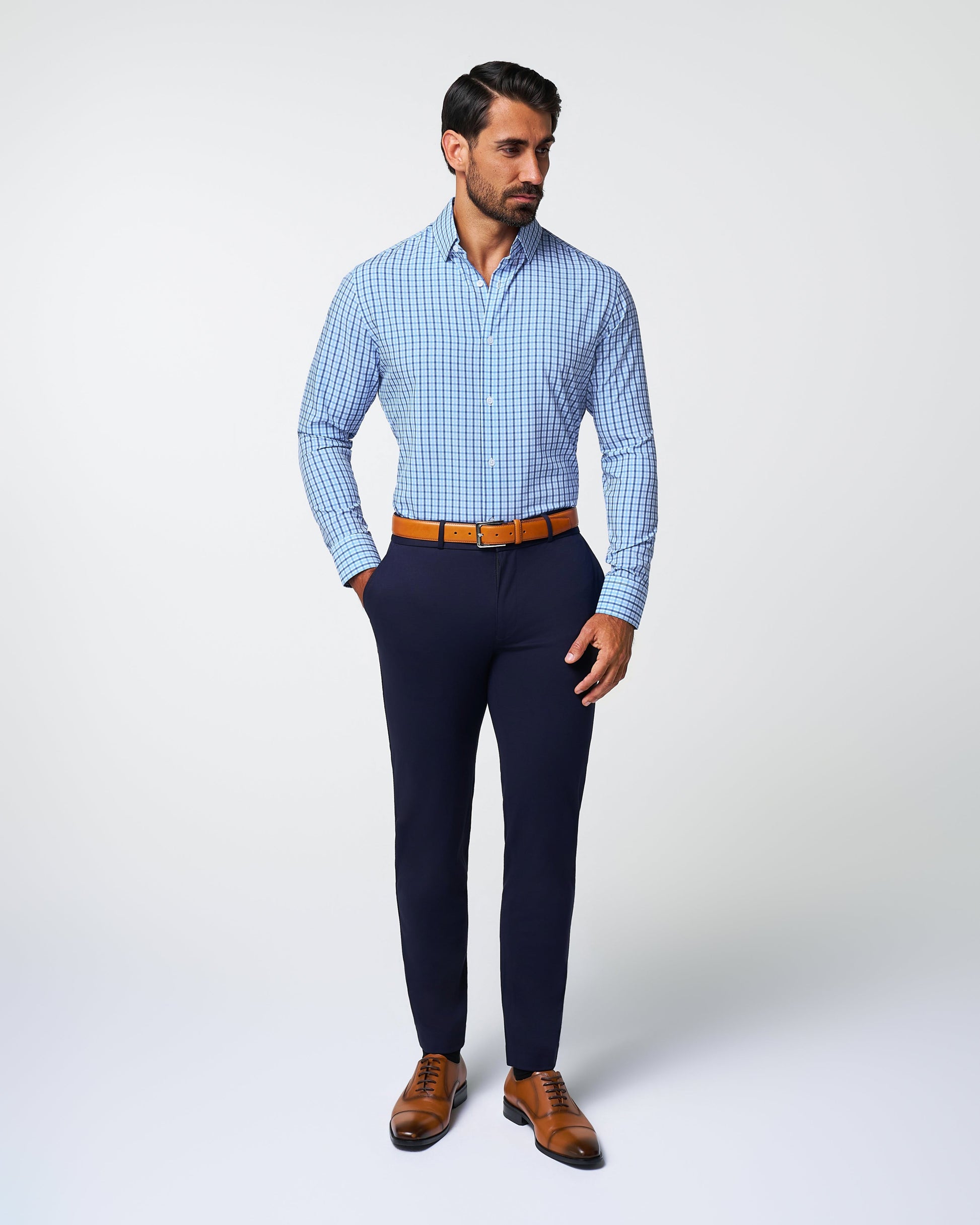 "The Emmett" Light Blue, White & Navy Mid Check | State & Liberty Dress Shirts