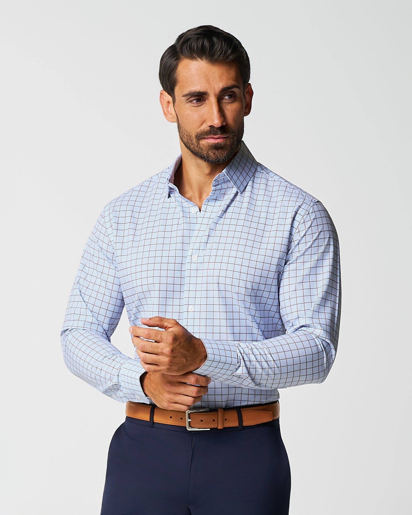 "The Marcus" Brown, White, & Light Blue Windowpane | State & Liberty Dress Shirts
