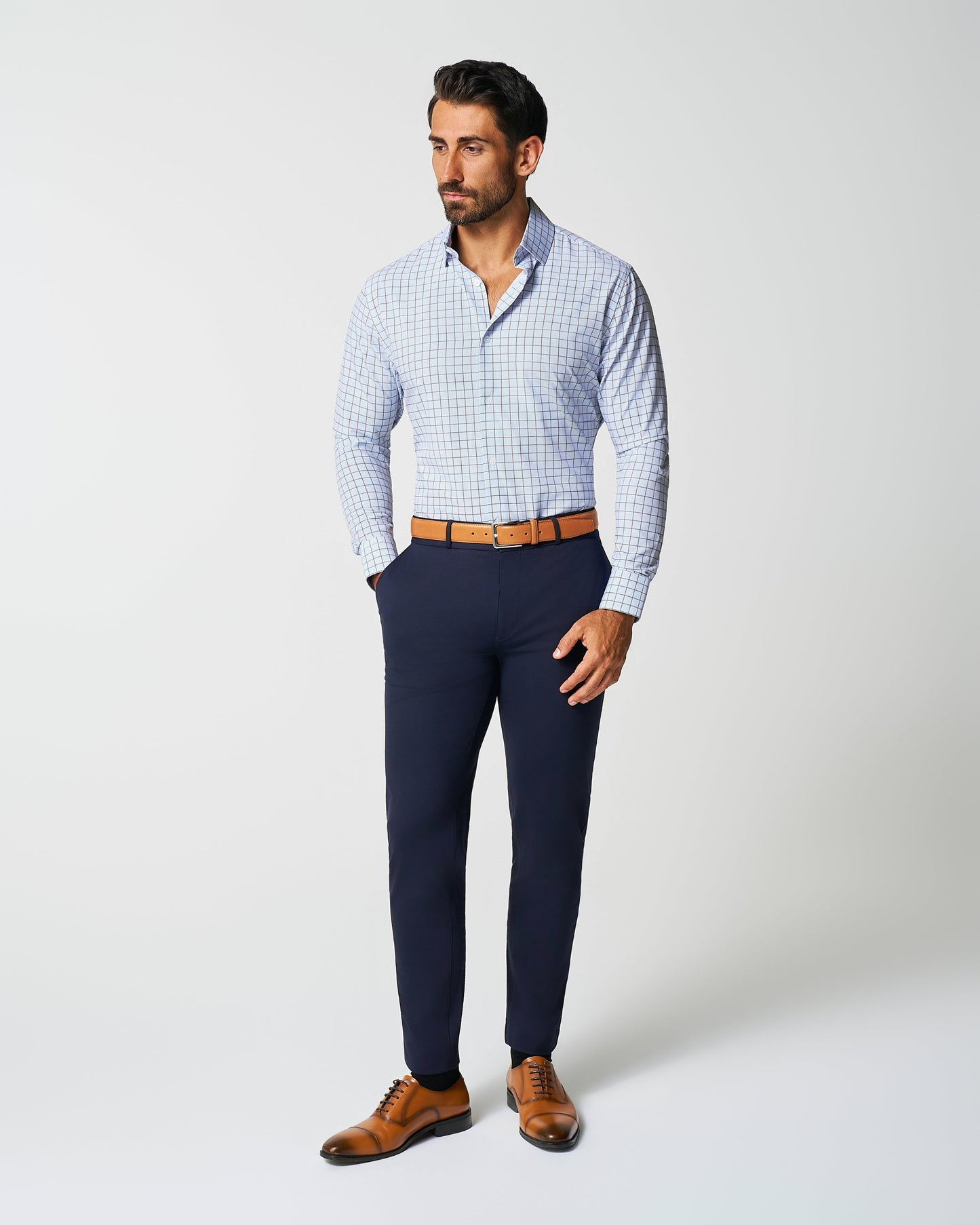"The Marcus" Brown, White, & Light Blue Windowpane | State & Liberty Dress Shirts