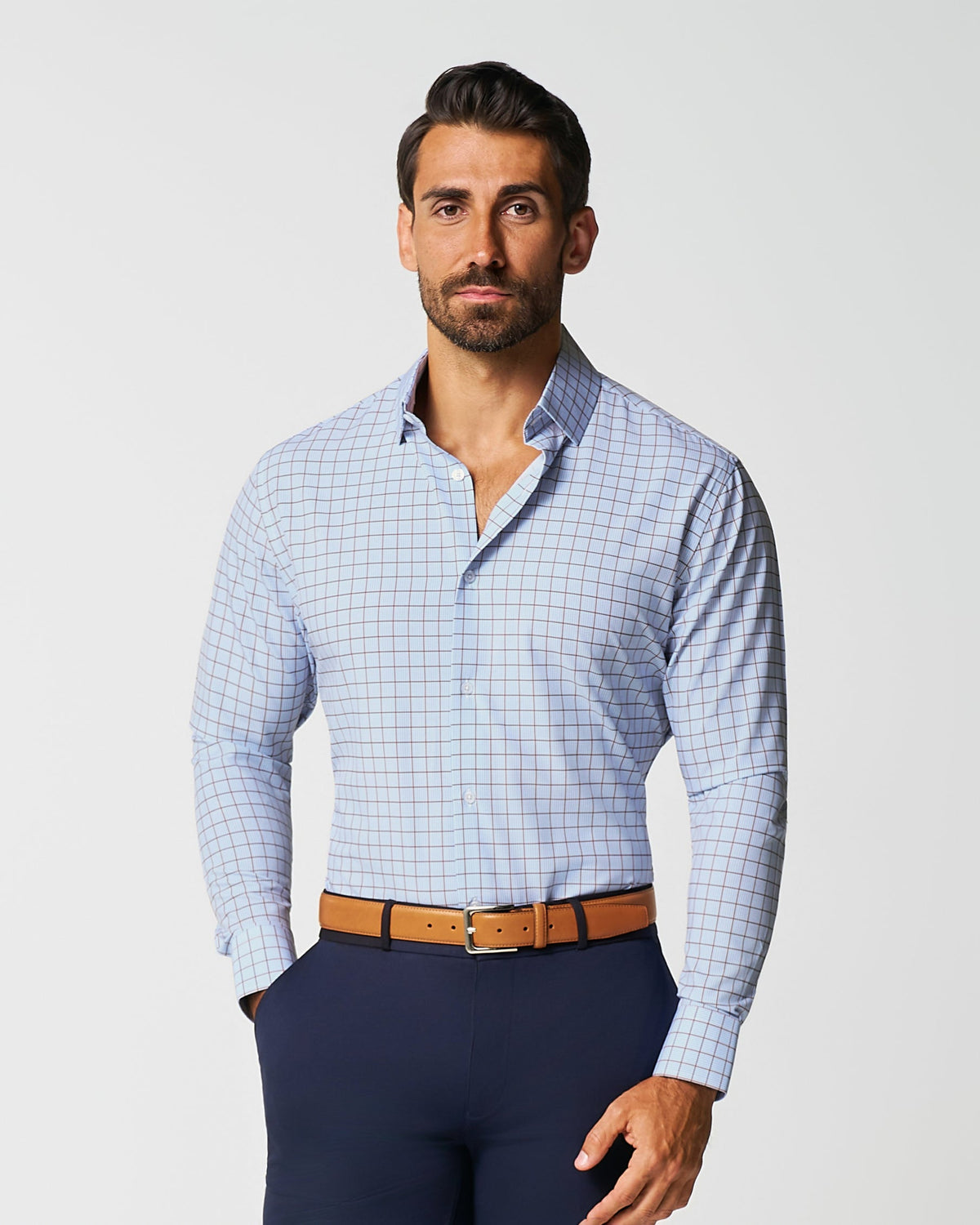 "The Marcus" Brown, White, & Light Blue Windowpane | State & Liberty Dress Shirts