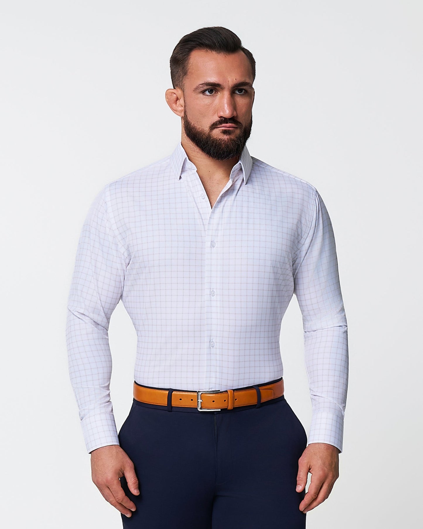 "The Shore" White with Tan Windowpane | State & Liberty Dress Shirts