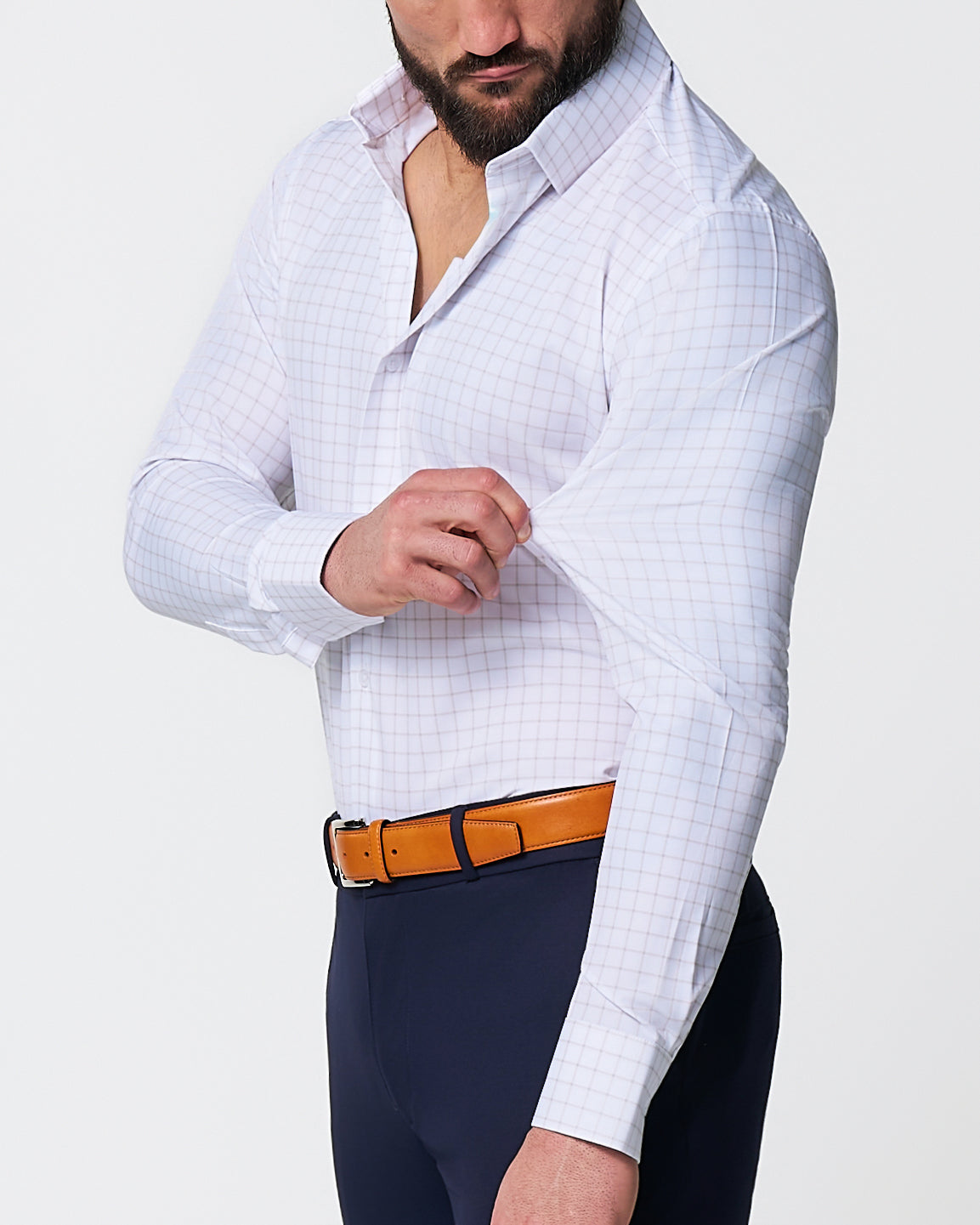 "The Shore" White with Tan Windowpane | State & Liberty Dress Shirts