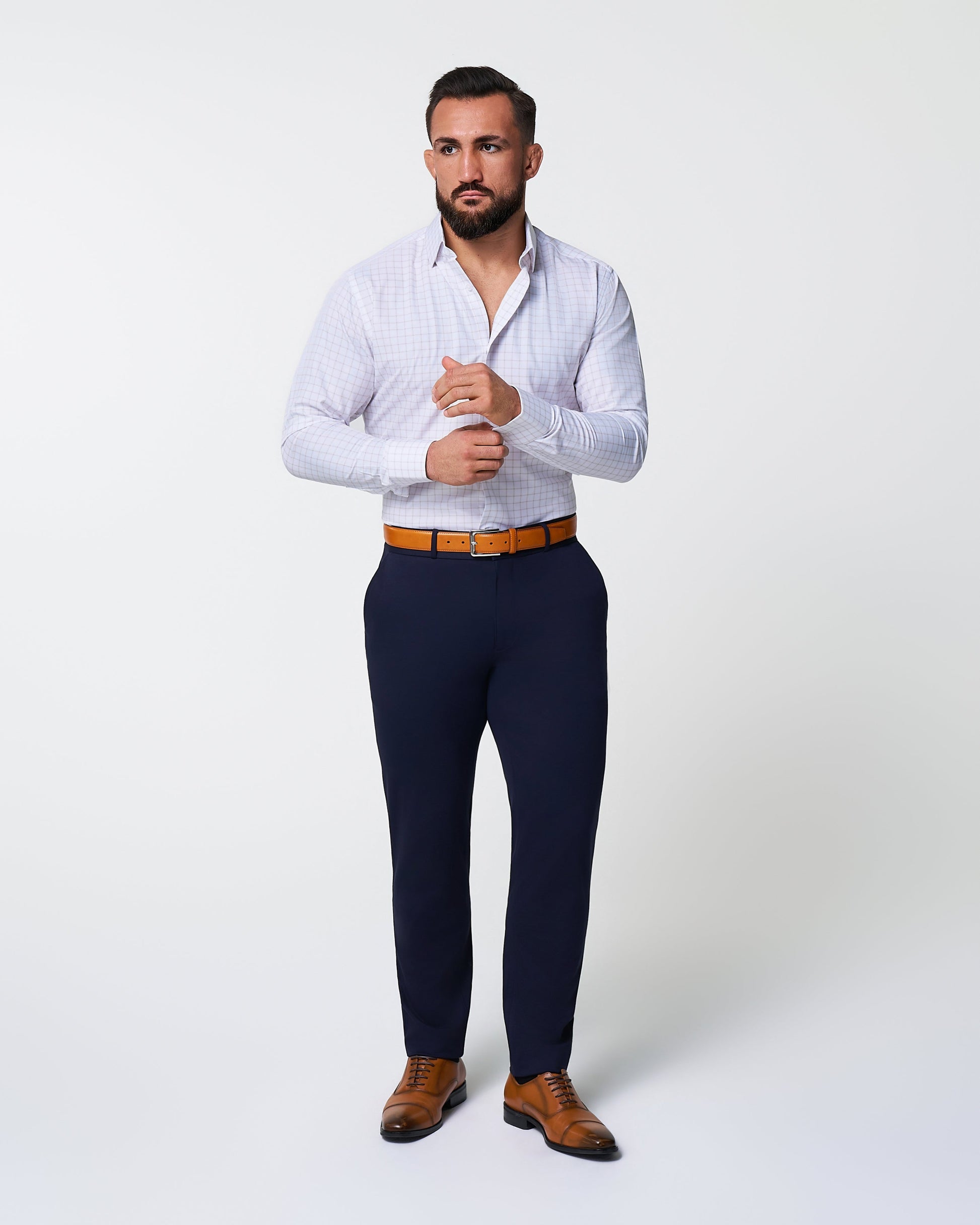 "The Shore" White with Tan Windowpane | State & Liberty Dress Shirts